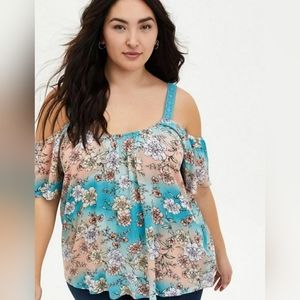 Torrid Guaze Cold shoulder Top Crochet Straps